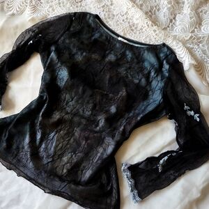 Women's Sheer Black Lace-Trim Long Sleeve Top